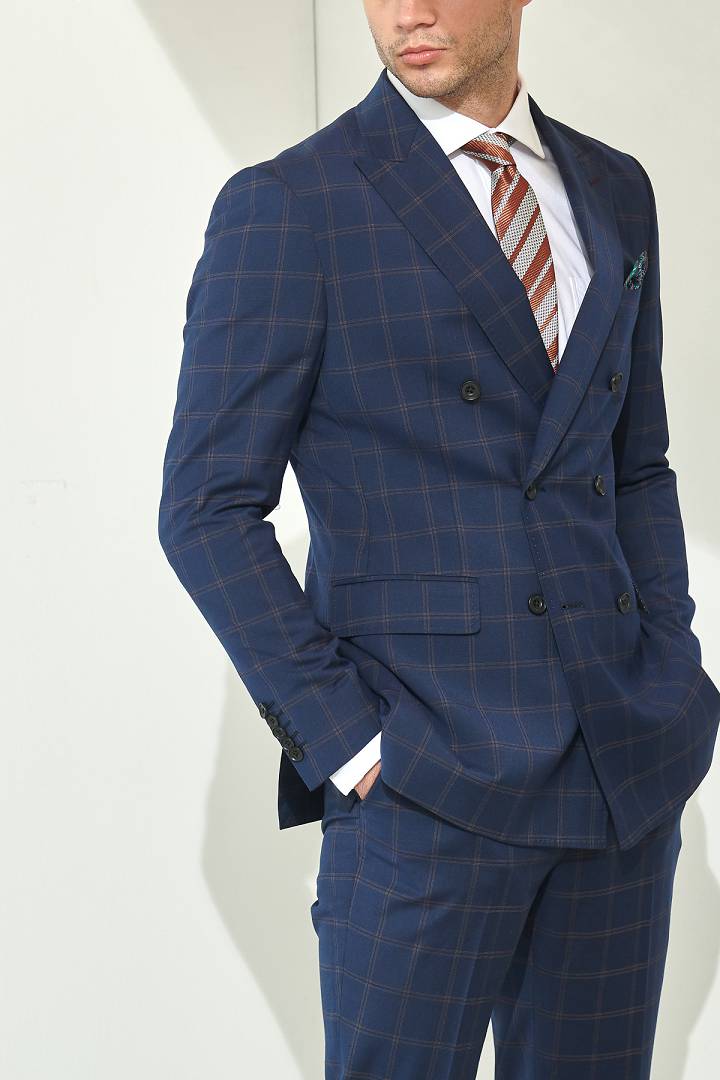 SST&C #Online Exclusive  Navy Check Double-Breasted Slim Fit Suit Jacket | 0112106002  (Outlet)_4