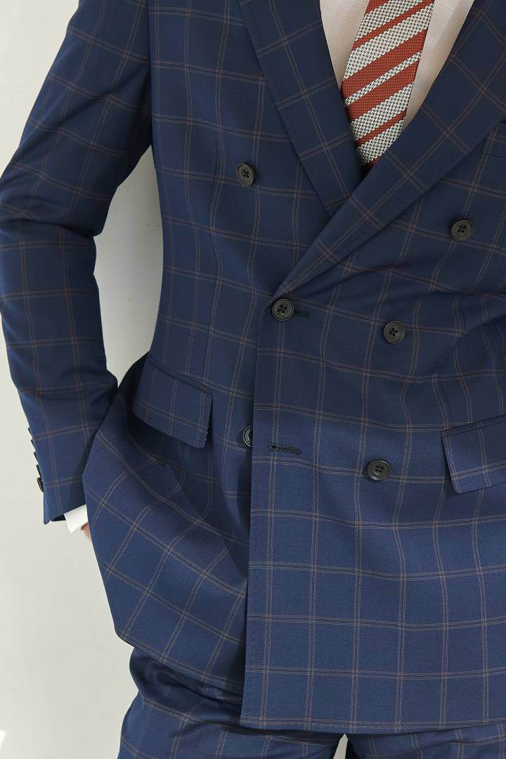 SST&C #Online Exclusive  Navy Check Double-Breasted Slim Fit Suit Jacket | 0112106002  (Outlet)_5
