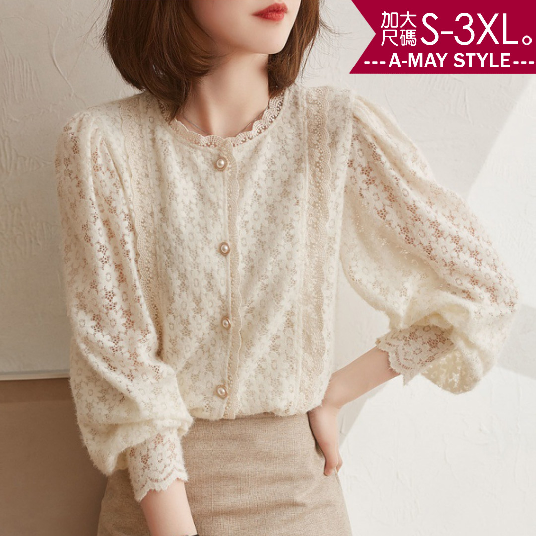 加大碼上衣-法式溫柔泡泡袖花邊蕾絲上衣(S-3XL)【XAM996348】＊艾美時尚(現+預)_1