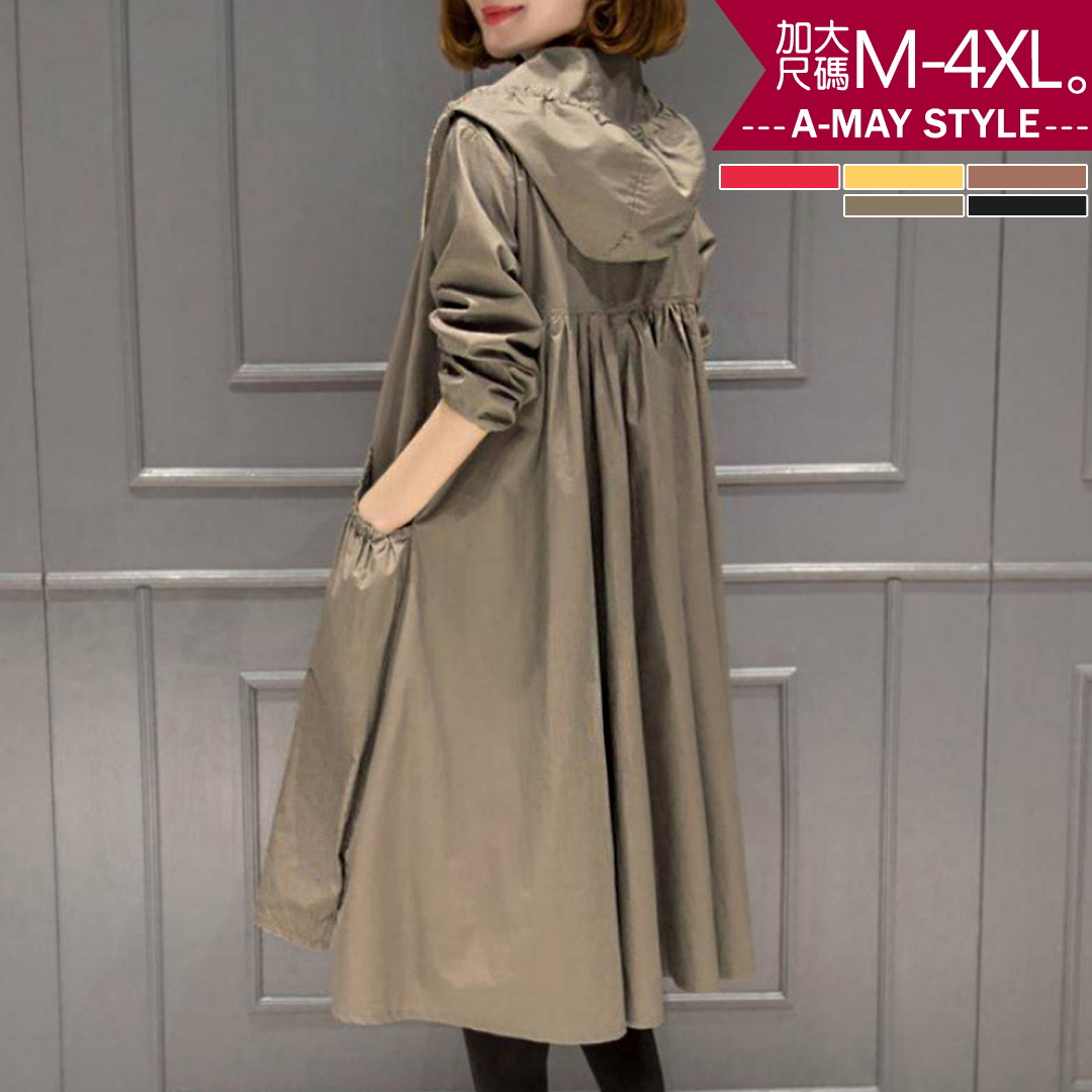 加大碼外套-韓風薄款連帽顯瘦過膝風衣(M-4XL)【XT580747】＊艾美時尚(現+預)_0