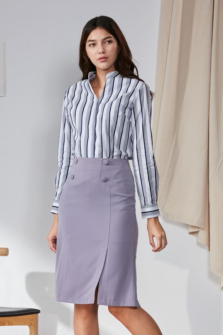 SST&C #Online Exclusive  Gray Purple Buttoned Slit Fishtail Skirt | 7461911003  (Outlet)_1