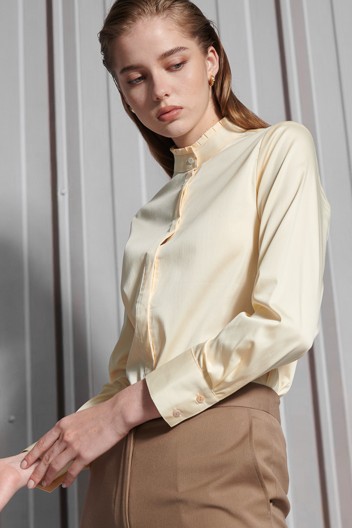 SST&C Women'S Light Lemon Yellow Glossy Stand Collar Shirt | 7562111002  (Outlet)_0