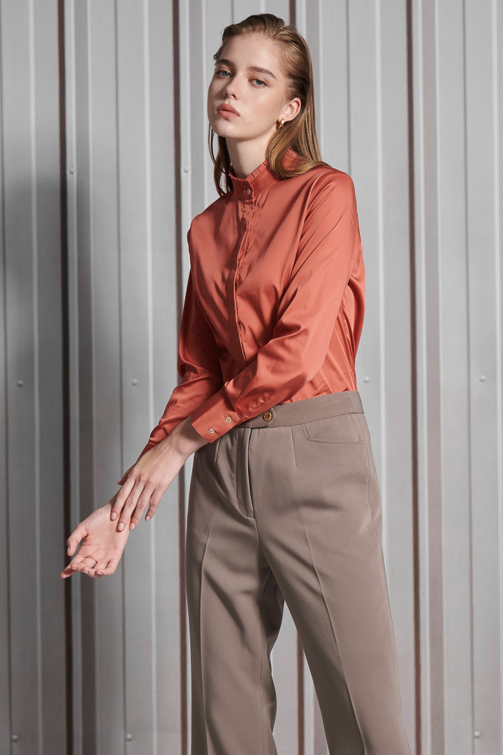 SST&C Women'S Rust Red Glossy Stand Collar Shirt | 7562111001  (Outlet)_1