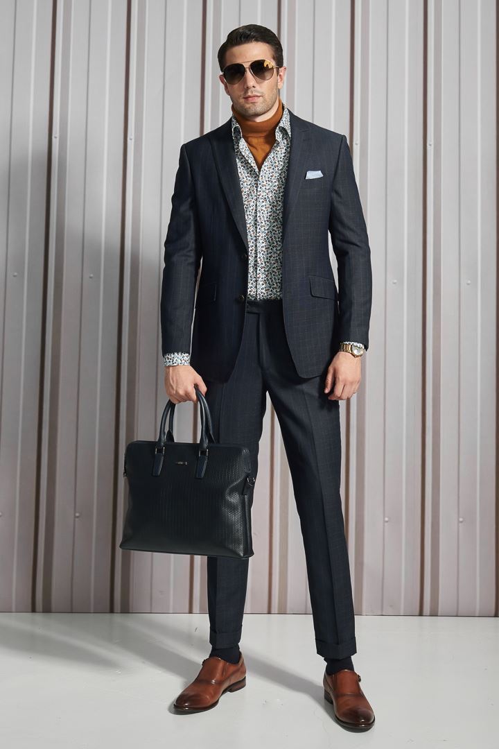 SST&C Navy Blue Check Pattern Slim Fit Suit Trousers | 0212112005  (Outlet)_2
