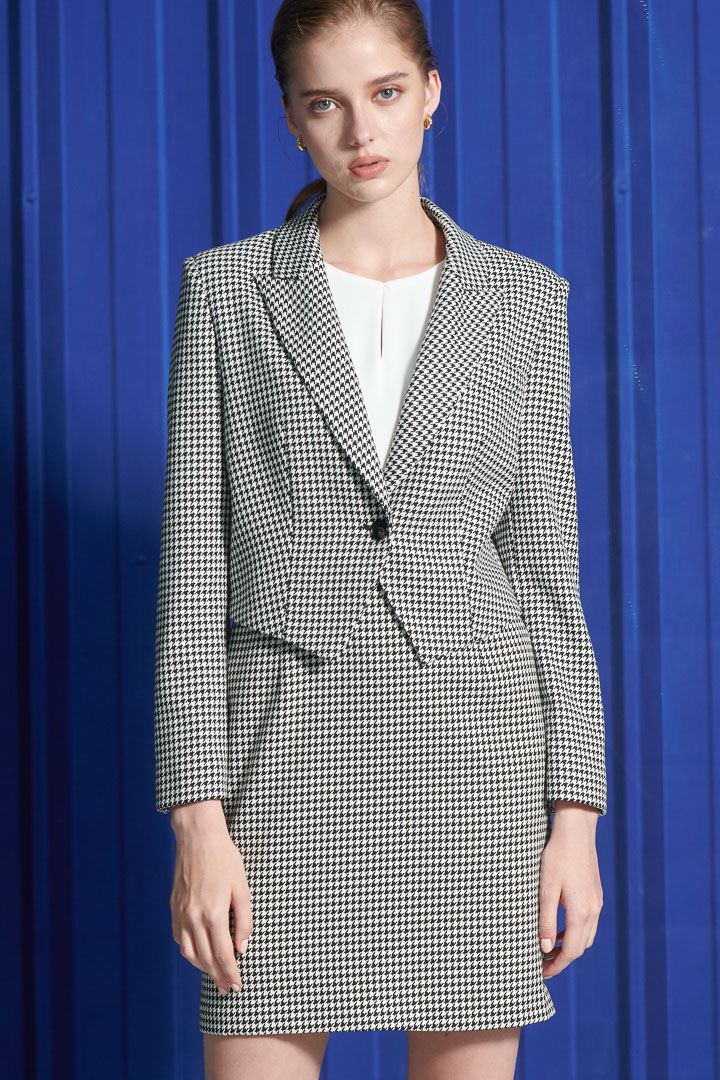 SST&C Women'S Black and White Houndstooth Short Version Small Off-Shoulder Coat | 8162112001  (Outlet)_7