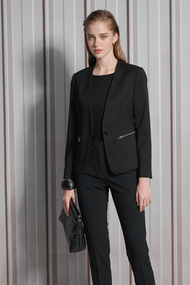 SST&C Women'S Wool Blend Black Collarless Zip Suit Jacket | 7162112004  (Outlet)_2