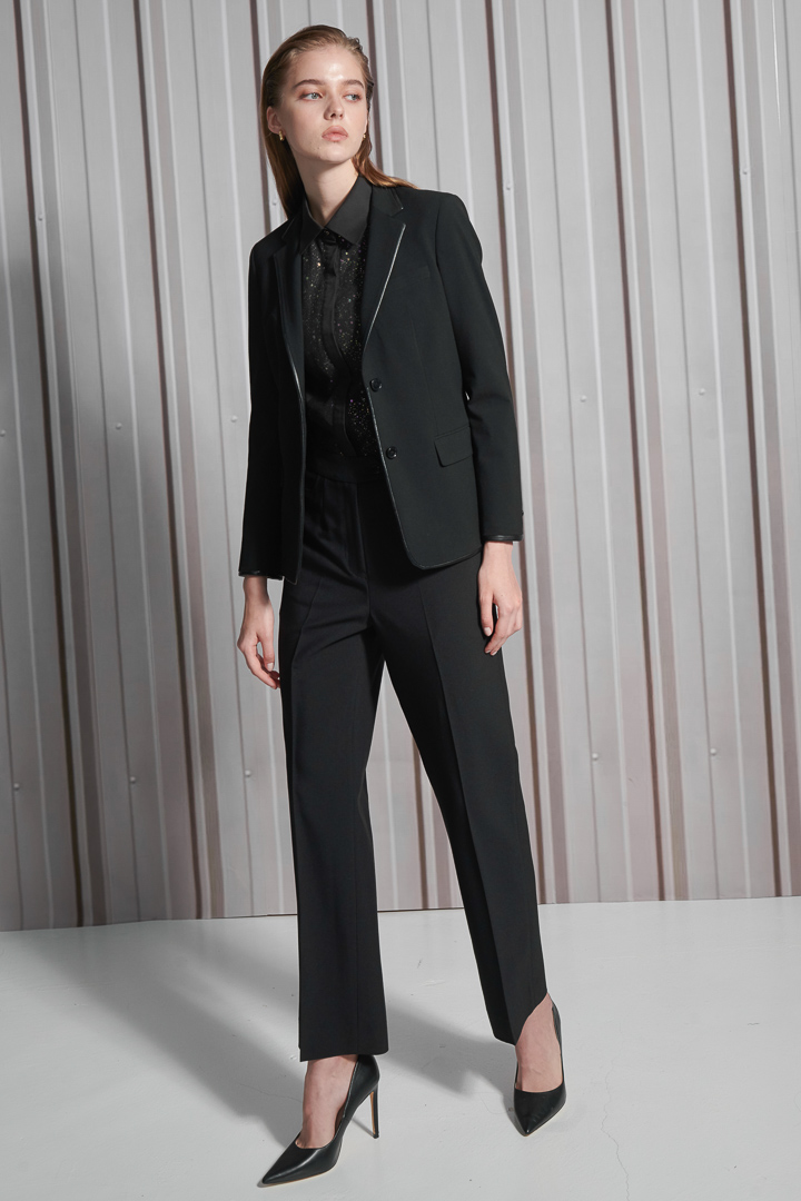 SST&C Women'S Wool Blend Black Square Neck Leather Suit Jacket | 7162112005  (Outlet)_0