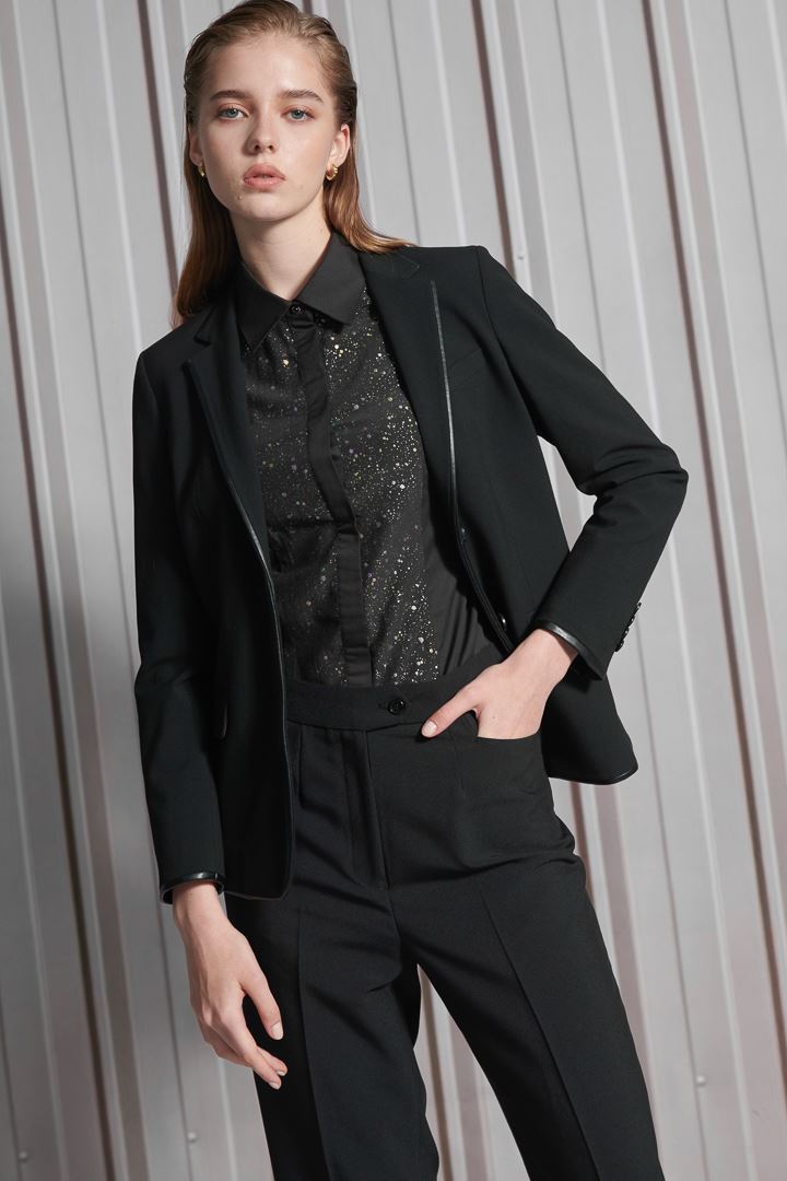 SST&C Women'S Wool Blend Black Square Neck Leather Suit Jacket | 7162112005  (Outlet)_4