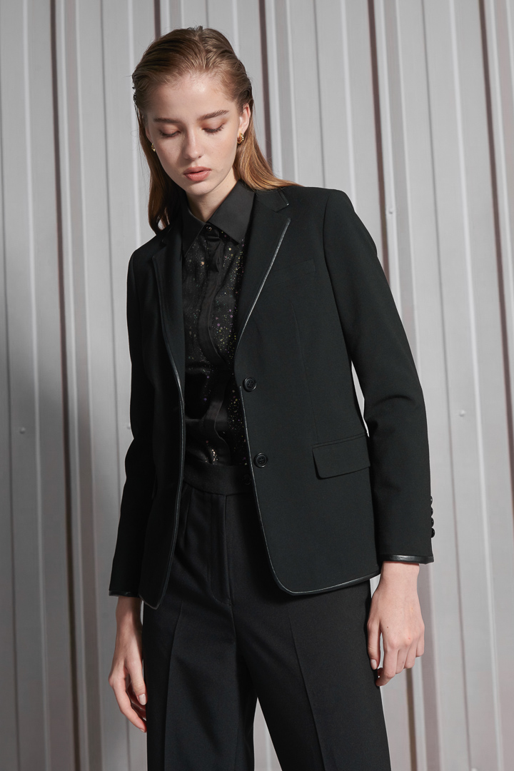SST&C Women'S Wool Blend Black Square Neck Leather Suit Jacket | 7162112005  (Outlet)_5