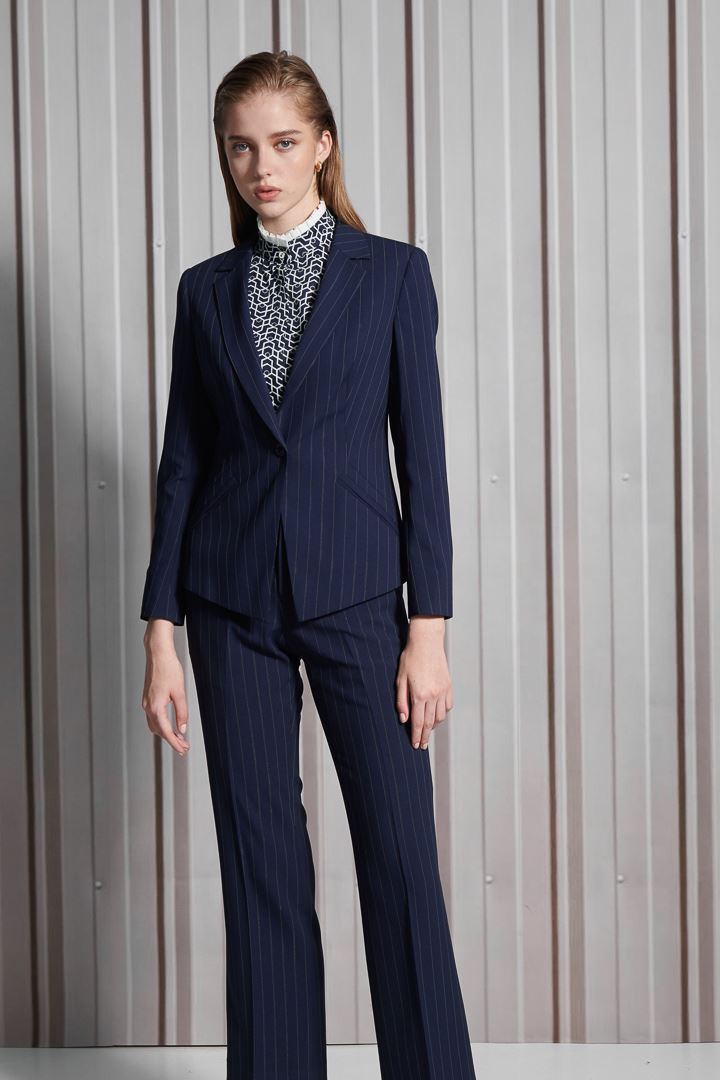 SST&C Women'S Wool Blend Azure Striped Pattern Square Neck Suit Jacket | 7162112007  (Outlet)_4