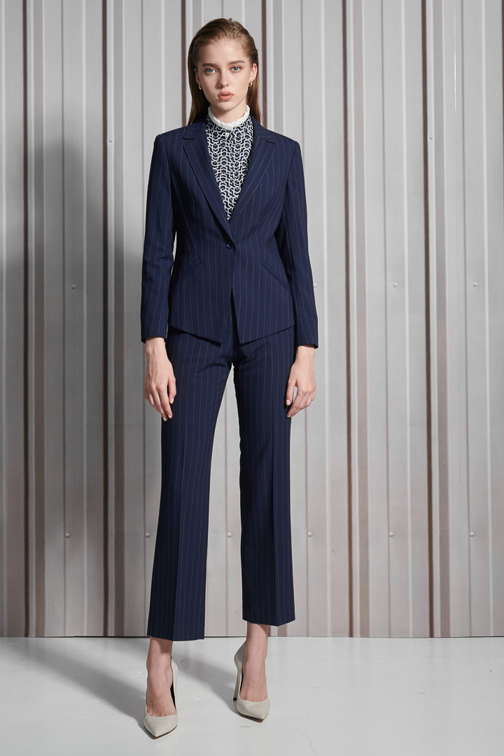 SST&C Women'S Wool Blend Azure Striped Pattern Square Neck Suit Jacket | 7162112007  (Outlet)_5