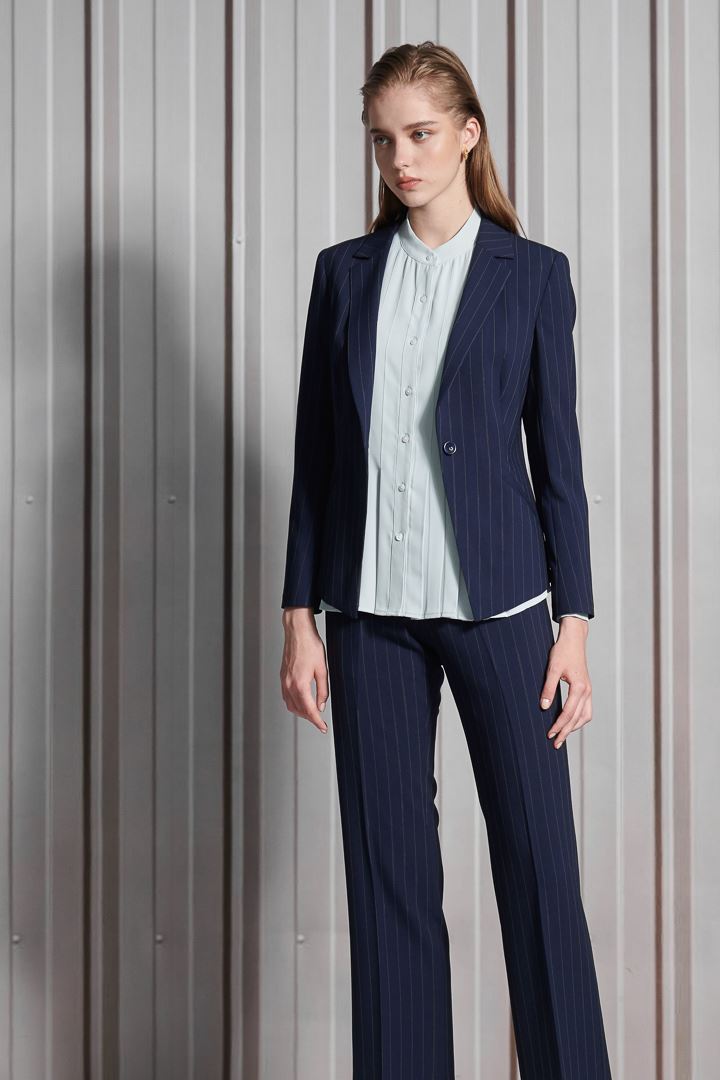SST&C Women'S Wool Blend Azure Striped Pattern Square Neck Suit Jacket | 7162112007  (Outlet)_6
