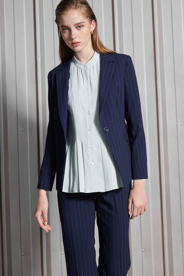 SST&C Women'S Wool Blend Azure Striped Pattern Square Neck Suit Jacket | 7162112007  (Outlet)_7