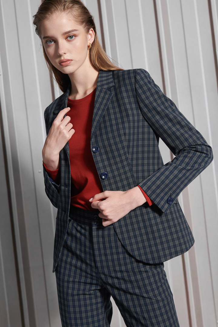 SST&C Women'S Wool Blend Vintage Dark Blue Check Square Neck Suit Jacket | 7162112008  (Outlet)_0