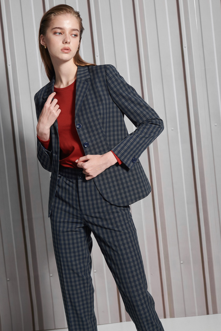 SST&C Women'S Wool Blend Vintage Dark Blue Check Square Neck Suit Jacket | 7162112008  (Outlet)_1