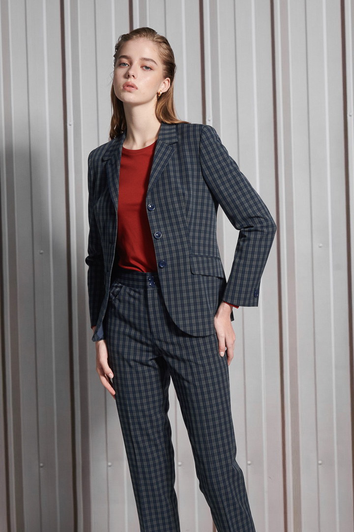 SST&C Women'S Wool Blend Vintage Dark Blue Check Square Neck Suit Jacket | 7162112008  (Outlet)_2