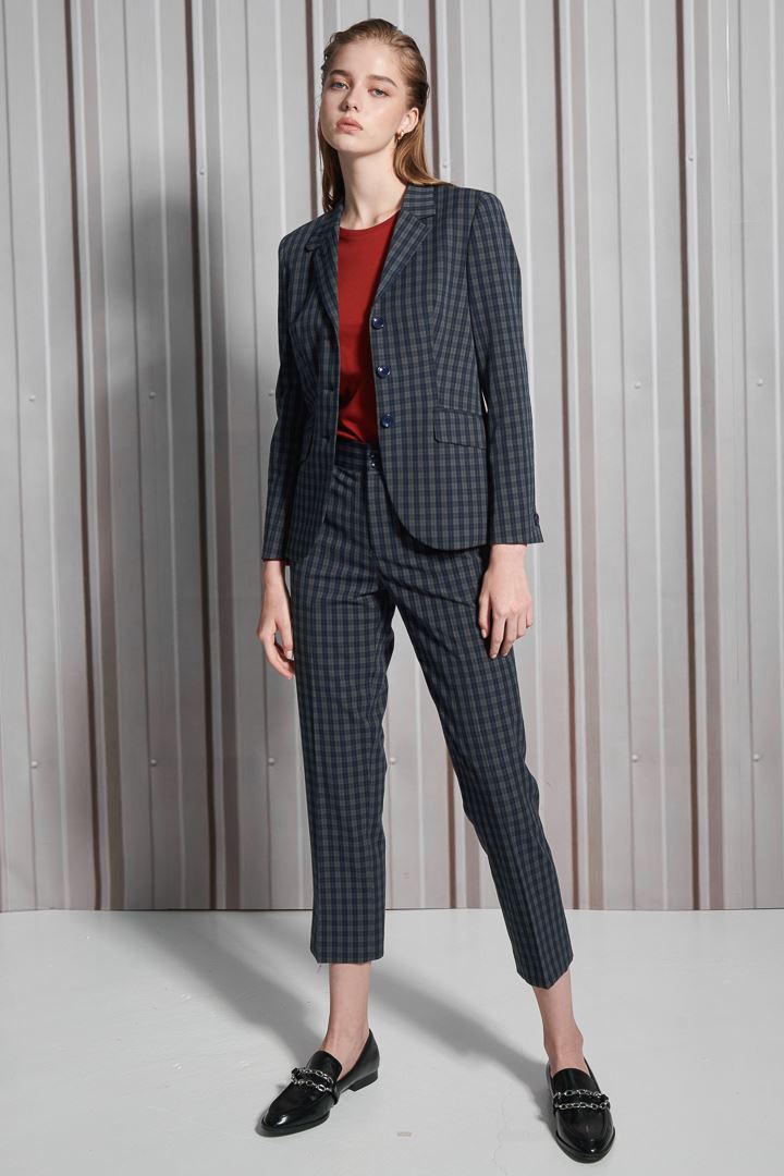 SST&C Women'S Wool Blend Vintage Dark Blue Check Square Neck Suit Jacket | 7162112008  (Outlet)_3