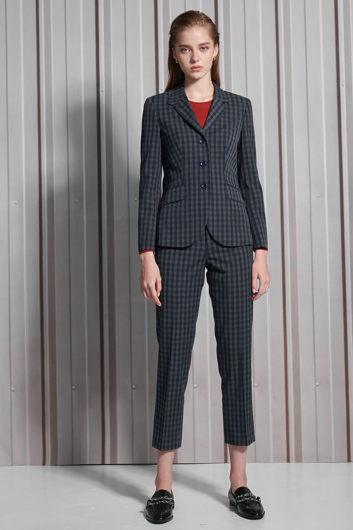 SST&C Women'S Wool Blend Vintage Dark Blue Check Square Neck Suit Jacket | 7162112008  (Outlet)_4