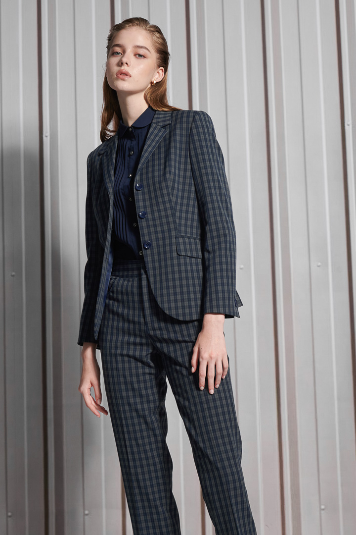 SST&C Women'S Wool Blend Vintage Dark Blue Check Square Neck Suit Jacket | 7162112008  (Outlet)_5