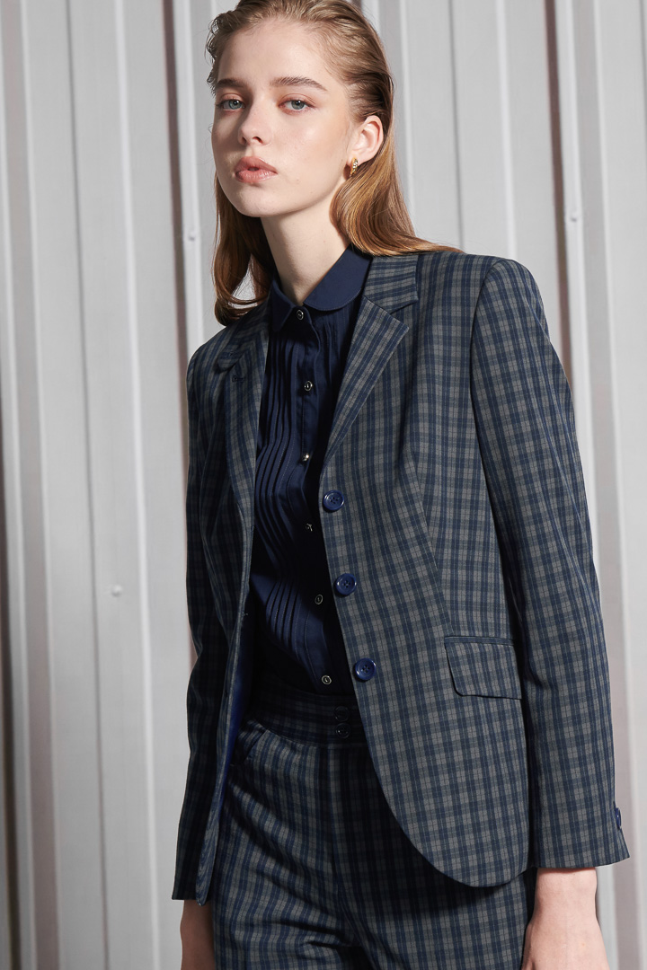 SST&C Women'S Wool Blend Vintage Dark Blue Check Square Neck Suit Jacket | 7162112008  (Outlet)_6