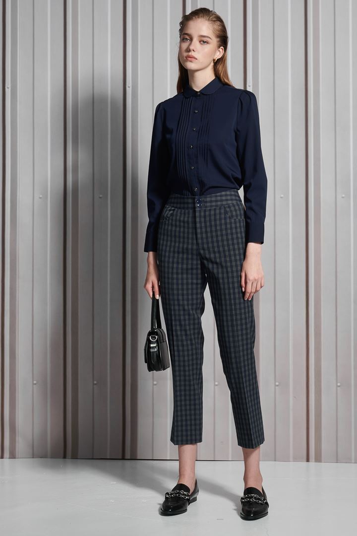 SST&C Women'S Wool Blended Dark Blue Check Slim Fit Suit Trousers | 7262112008  (Outlet)_0