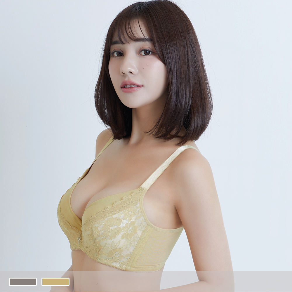 軟鋼圈【C罩杯】月見團花 拼接蕾絲深V集中包覆微加厚內衣 8233_2