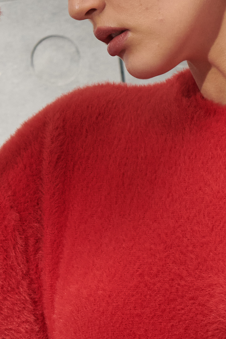 SST&C Women'S Sunset Red Round Neck Fleece Sweater | 8662112002  (Outlet)_4