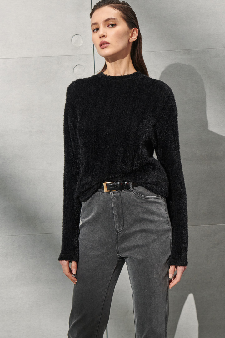 SST&C Women'S Black Round Neck Fleece Sweater | 8662112003  (Outlet)_0