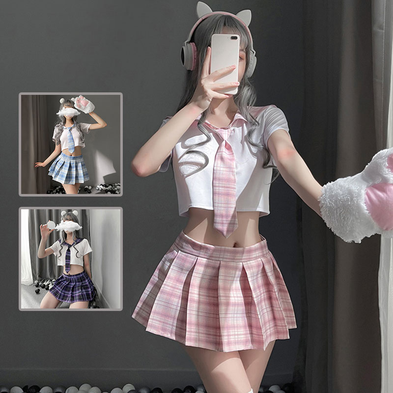 學生角色扮演服！經典格紋水手方領百褶裙四件式套裝 531739 531740 531741