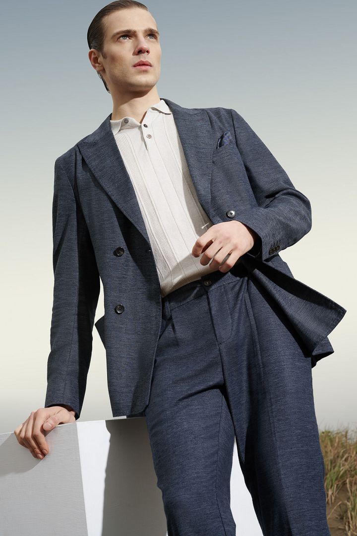 SST&C Dark Gray Blue Cotton and Linen Loose Casual Trousers | 1212203001  (Outlet)_0