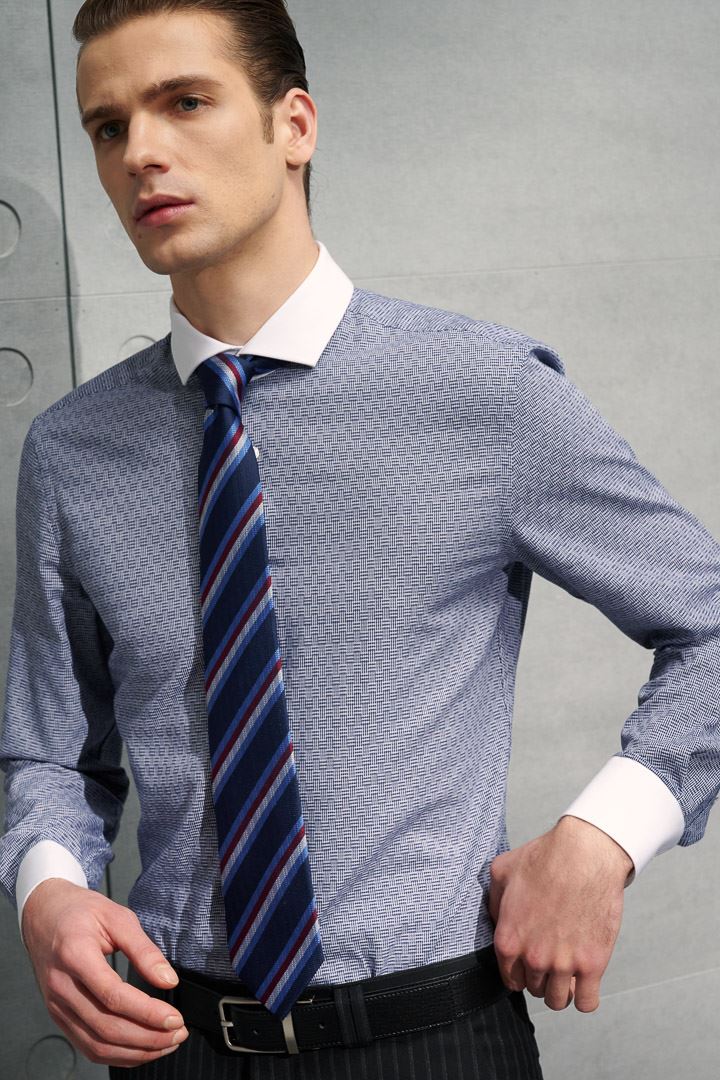 SST&C #Easycare  White Collar, White Sleeves, Navy Textured Shirt | 0312203001  (Outlet)_0
