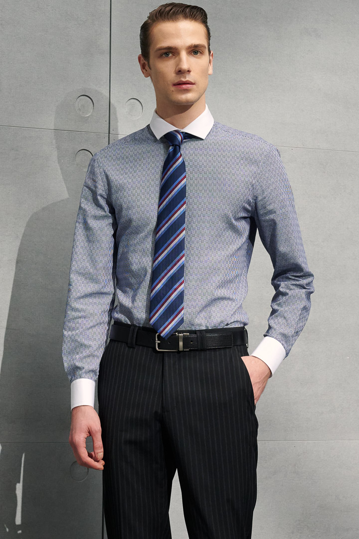SST&C #Easycare  White Collar, White Sleeves, Navy Textured Shirt | 0312203001  (Outlet)_1