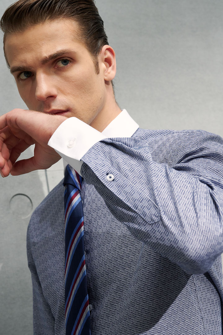 SST&C #Easycare  White Collar, White Sleeves, Navy Textured Shirt | 0312203001  (Outlet)_6