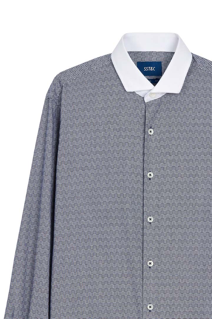 SST&C #Easycare  White Collar, White Sleeves, Navy Textured Shirt | 0312203001  (Outlet)_7