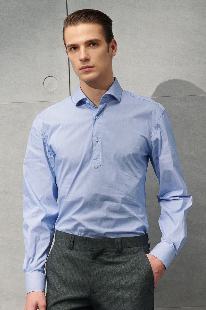 SST&C #Elastic Fit  Half Placket Blue Striped Pattern Shirt | 0312203008  (Outlet)_4