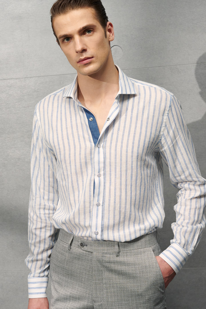 SST&C #Texture Cotton and Linen  Blue and White Striped Pattern Four-Button Shirt | 0312203009  (Outlet)_0