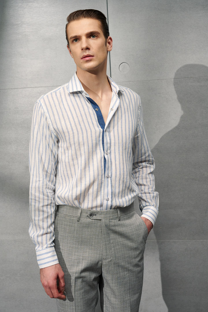 SST&C #Texture Cotton and Linen  Blue and White Striped Pattern Four-Button Shirt | 0312203009  (Outlet)_2