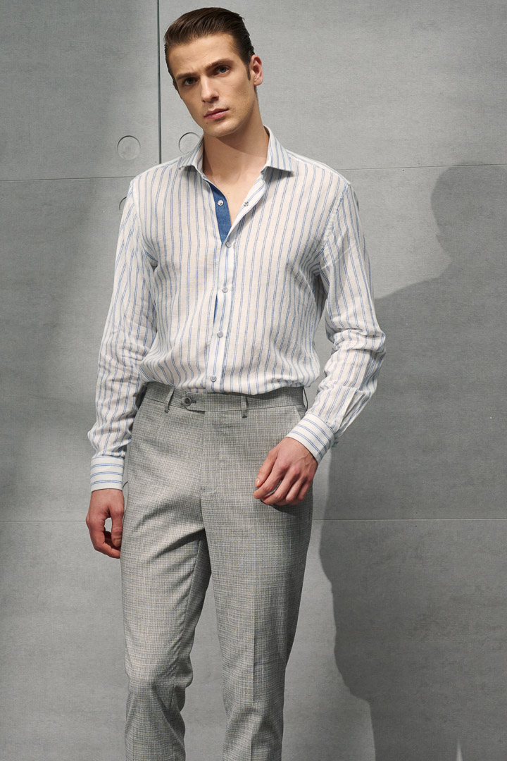 SST&C #Texture Cotton and Linen  Blue and White Striped Pattern Four-Button Shirt | 0312203009  (Outlet)_3