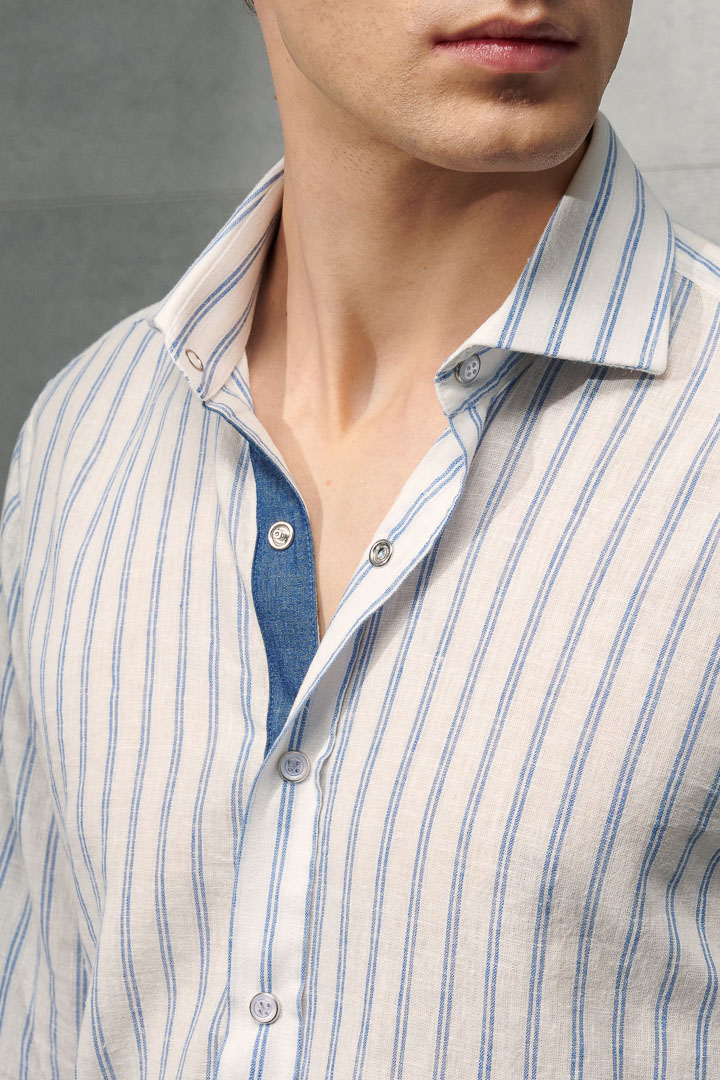 SST&C #Texture Cotton and Linen  Blue and White Striped Pattern Four-Button Shirt | 0312203009  (Outlet)_5