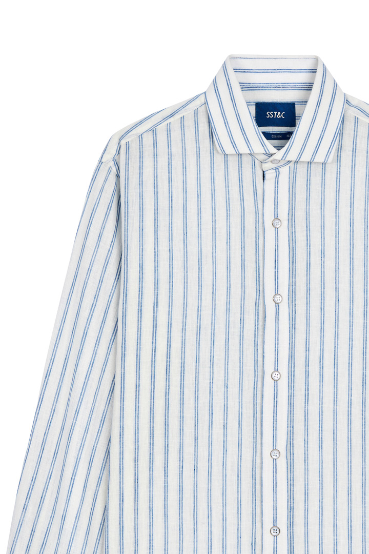 SST&C #Texture Cotton and Linen  Blue and White Striped Pattern Four-Button Shirt | 0312203009  (Outlet)_7