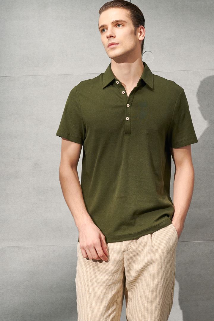 SST&C Dark Green Cotton and Linen Polo Shirt | 1012204009  (Outlet)_2