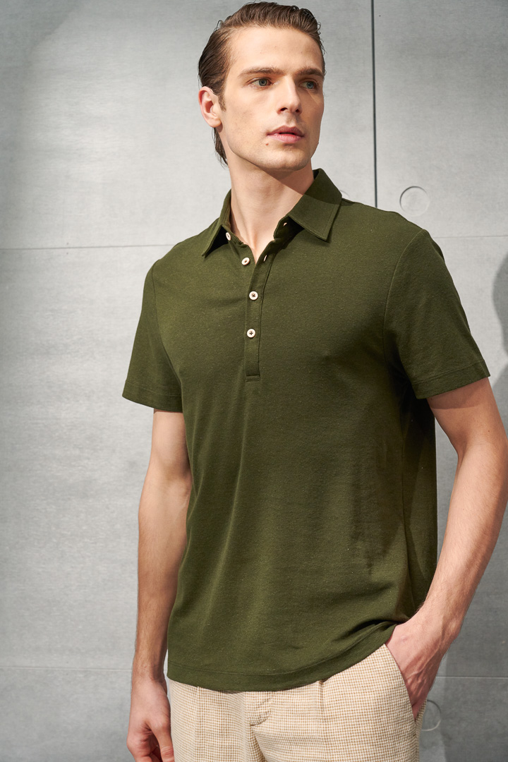 SST&C Dark Green Cotton and Linen Polo Shirt | 1012204009  (Outlet)_3