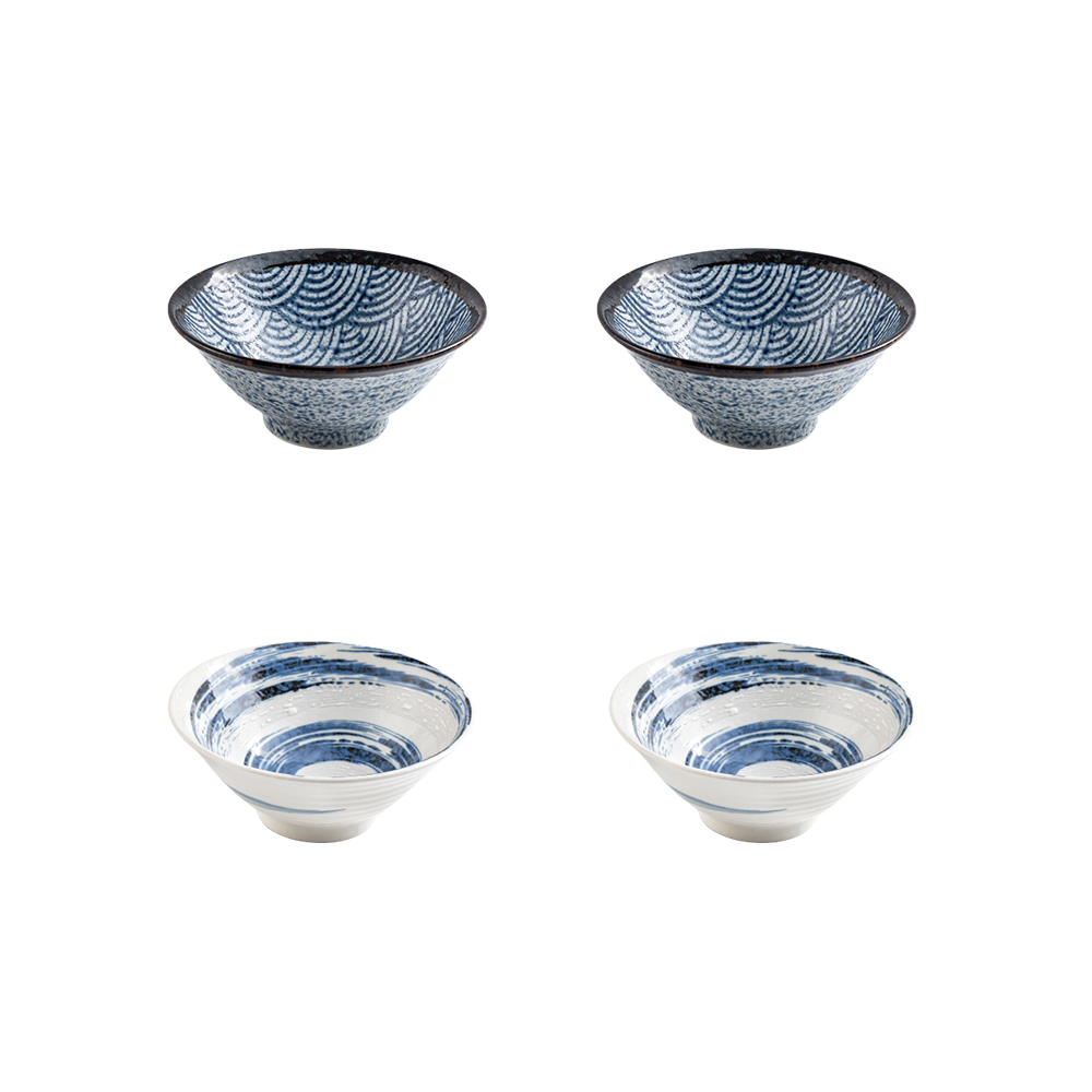 日式 手繪彩紋 18cm 陶瓷碗組｜青海波｜漩渦｜四件組合品_0
