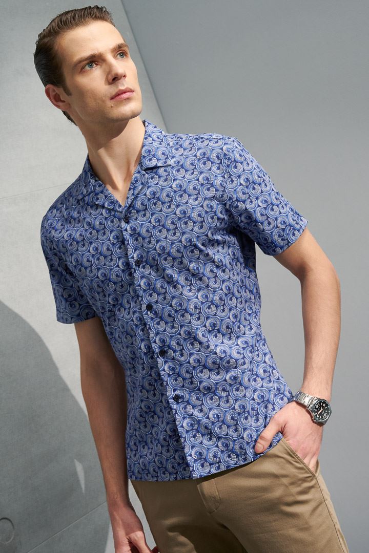SST&C Dark Blue Spiral Cuban Collar Standard Fit Short Sleeve Shirt | 0412204002  (Outlet)_0
