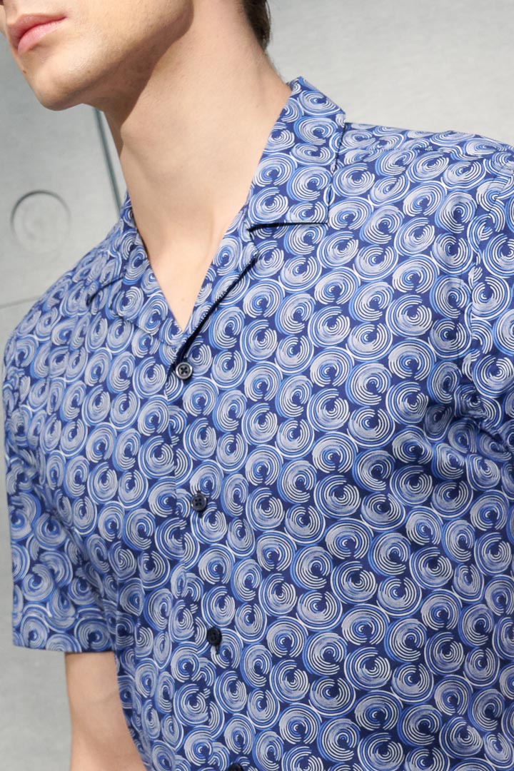 SST&C Dark Blue Spiral Cuban Collar Standard Fit Short Sleeve Shirt | 0412204002  (Outlet)_5