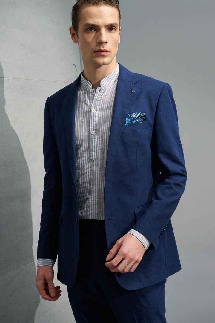 SST&C #Texture Cotton and Linen  Gray and White Striped Pattern Stand Collar Shirt | 0312204009  (Outlet)_0