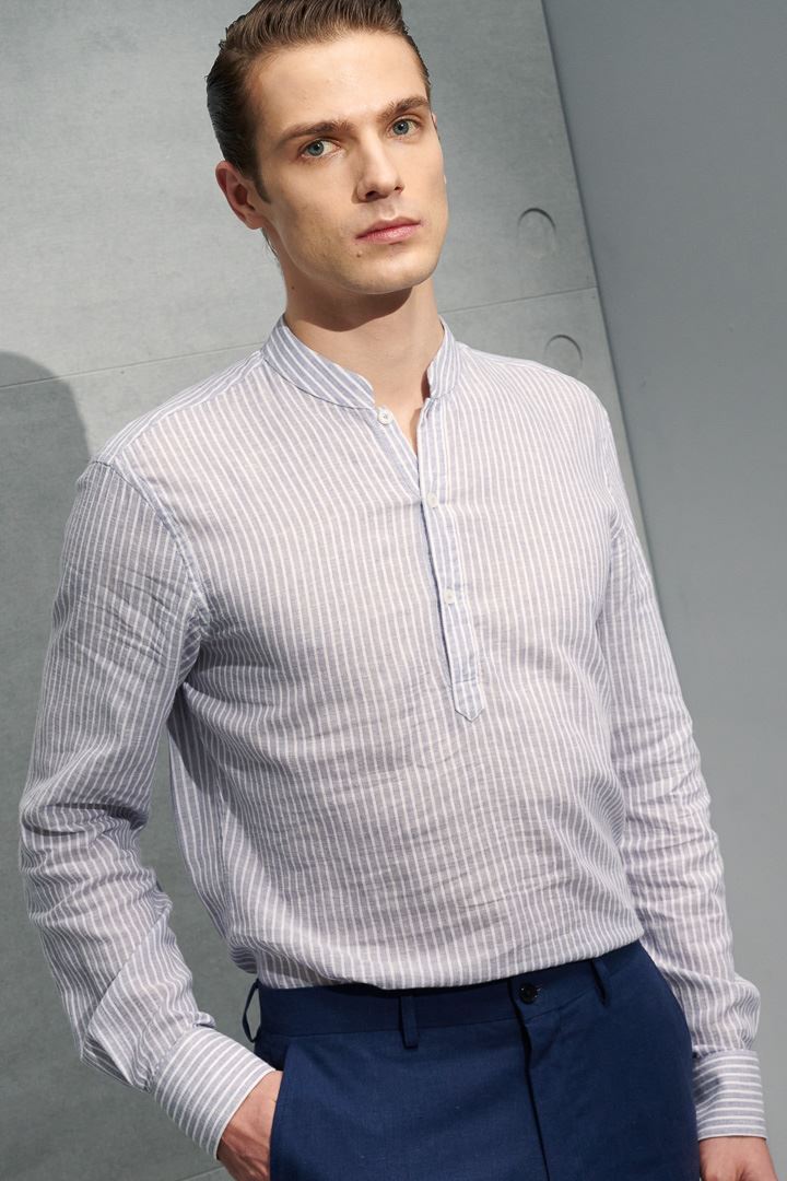 SST&C #Texture Cotton and Linen  Gray and White Striped Pattern Stand Collar Shirt | 0312204009  (Outlet)_1