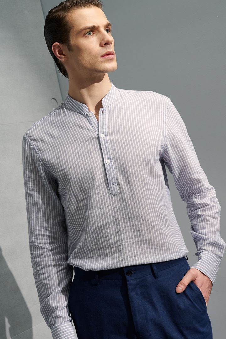 SST&C #Texture Cotton and Linen  Gray and White Striped Pattern Stand Collar Shirt | 0312204009  (Outlet)_2