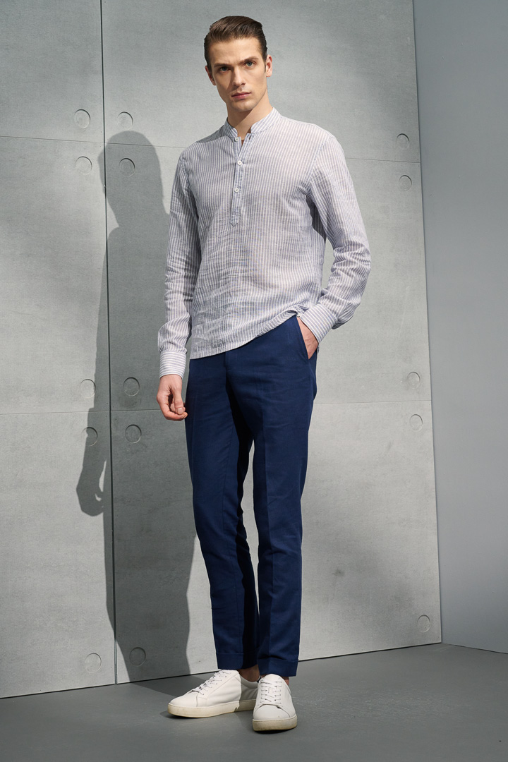 SST&C #Texture Cotton and Linen  Gray and White Striped Pattern Stand Collar Shirt | 0312204009  (Outlet)_3