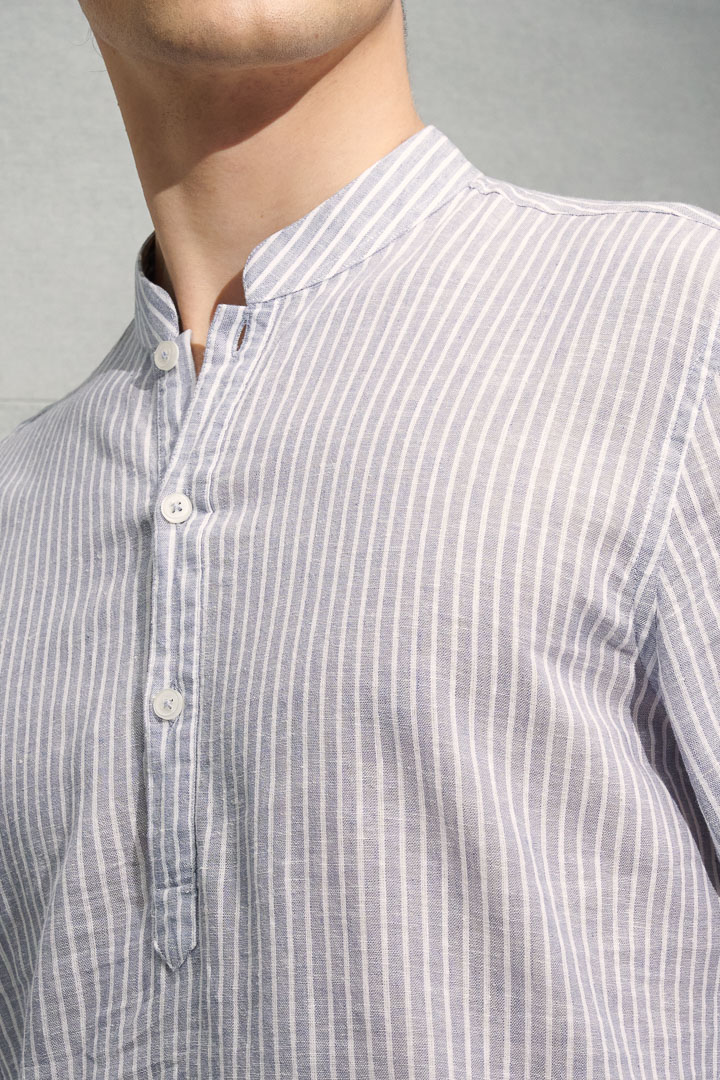 SST&C #Texture Cotton and Linen  Gray and White Striped Pattern Stand Collar Shirt | 0312204009  (Outlet)_4